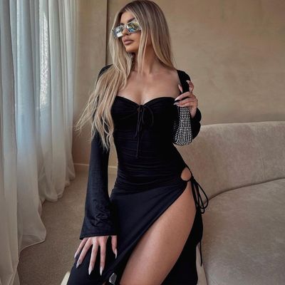 Vêtement à manches longues, robe à hanche, sexy, sexy, taille basse, robe noire, étroite.