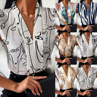 Mode V Collier T-shirt sans manches Top Casual Imprimé V Collier