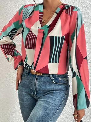 Impression géométrique Décal T-shirt Dacron haut à manches longues pour les dames