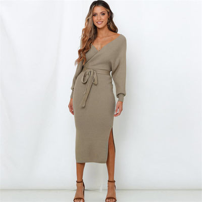 Jupe longue femme chemise sexy V col chemise tricotée