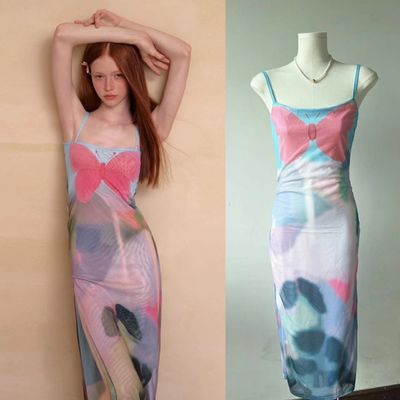 Robe rose bleue papillon à manches française tranchée mince Robe sexy Taille minceur