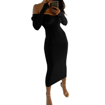 Dress sexy et élégant pour femmes, gros V, cou à l'épaule, manches longues.