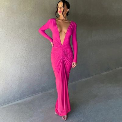 Rose Rouge Dress féminin élégant Mince sexy Gros V Col Robe sans dos Plissés Couleur solide
