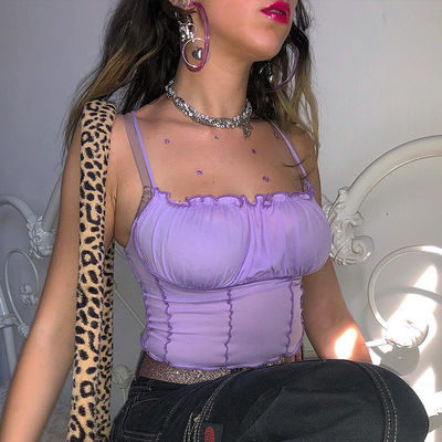 Pourpre Confortable Camisole pour femmes gilet élégant Haut-t-shirt en coton étroit en plis bord ondulé