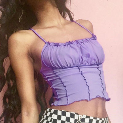 Pourpre Confortable Camisole pour femmes gilet élégant Haut-t-shirt en coton étroit en plis bord ondulé