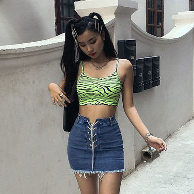 Camisette de mode pour femmes gilet fluorescent vert zèbre imprimé Camisette mince et sexy