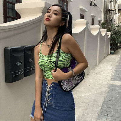 Camisette de mode pour femmes gilet fluorescent vert zèbre imprimé Camisette mince et sexy