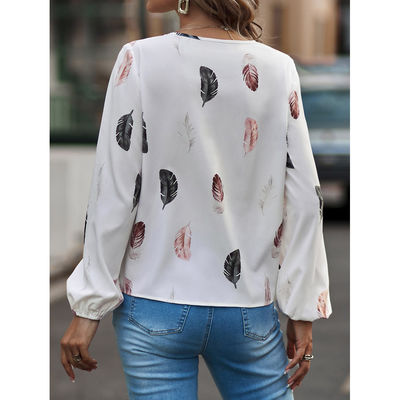 T-shirt en V-Neck en plumes pour femmes, à manches longues, décontracté, dégagé