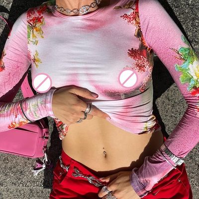 Casual Femmes T-shirts à manches longues Print épicé Slim Fit Crew Cou haut à manches longues