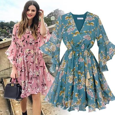 Robe à manches courtes à genou longueur de fleurs V Cou à manches élargies Robe en chiffon à manches