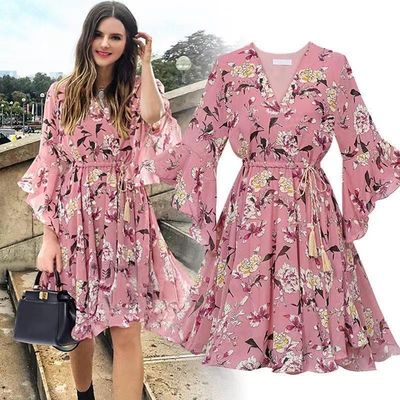 Robe à manches courtes à genou longueur de fleurs V Cou à manches élargies Robe en chiffon à manches