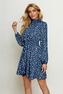 Ronde à col haut imprimé floral habillé mode femmes lanterne manches longues robe florale