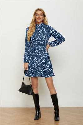 Ronde à col haut imprimé floral habillé mode femmes lanterne manches longues robe florale