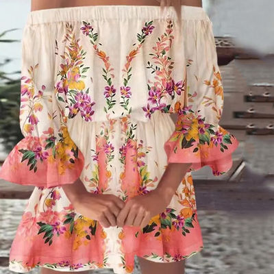 Une ligne Collier Longueur du genou Robe imprimée Sexy Robe florale Taille Robe lâche