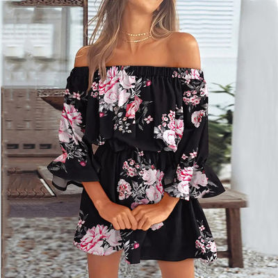 Une ligne Collier Longueur du genou Robe imprimée Sexy Robe florale Taille Robe lâche
