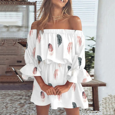 Une ligne Collier Longueur du genou Robe imprimée Sexy Robe florale Taille Robe lâche