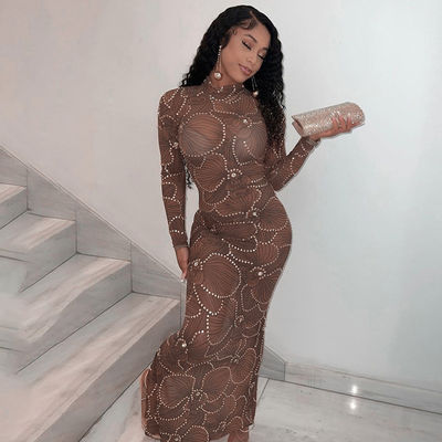 Taille élevée Corps mince Robe formelle Mode Gauze Voir à travers Robe de soirée Slim Fit