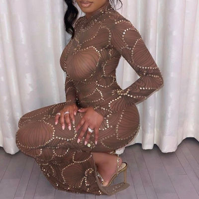 Taille élevée Corps mince Robe formelle Mode Gauze Voir à travers Robe de soirée Slim Fit