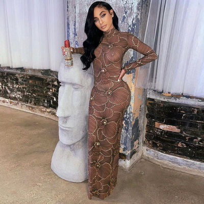 Taille élevée Corps mince Robe formelle Mode Gauze Voir à travers Robe de soirée Slim Fit