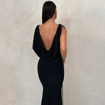 V Cou Robe de soirée mince Couleur solide Cravate une épaule creuse Noir Robe de soirée sexy