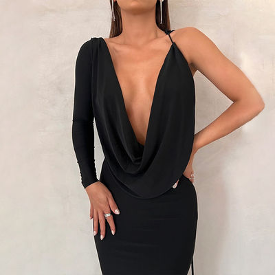 V Cou Robe de soirée mince Couleur solide Cravate une épaule creuse Noir Robe de soirée sexy