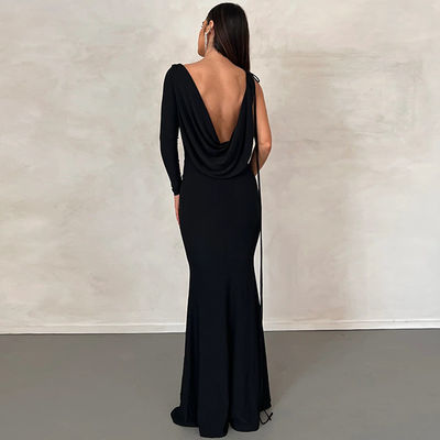 V Cou Robe de soirée mince Couleur solide Cravate une épaule creuse Noir Robe de soirée sexy