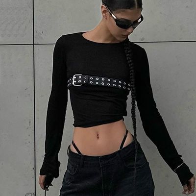 Fashion Spice T-shirts sexy étroits Col rond Slim T-shirt à manches longues motif solide