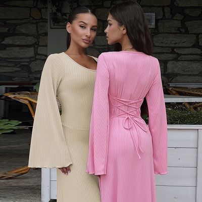 Stylé Longue Manche Robe mince U Col du dos Lacet vers le haut Couleur solide Longue Manche Robes