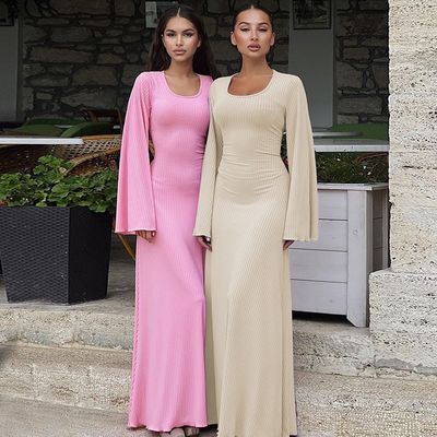 Stylé Longue Manche Robe mince U Col du dos Lacet vers le haut Couleur solide Longue Manche Robes