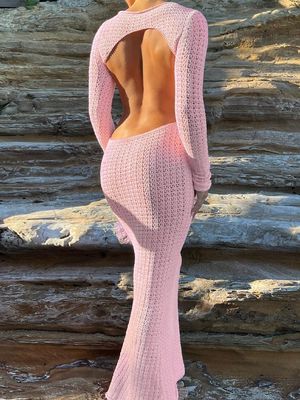 Laine tissée à dos ouvert Maxi robe sexy creux trou de filet Manche longue Robe sans dos
