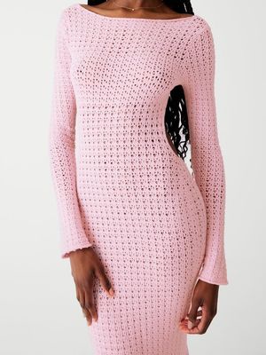 Laine tissée à dos ouvert Maxi robe sexy creux trou de filet Manche longue Robe sans dos