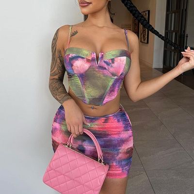 Fashion Crop Top Jupe courte ensemble Imprimé Halter Slim Fit 2 pièces Jupe courte ensemble