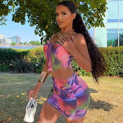 Fashion Crop Top Jupe courte ensemble Imprimé Halter Slim Fit 2 pièces Jupe courte ensemble