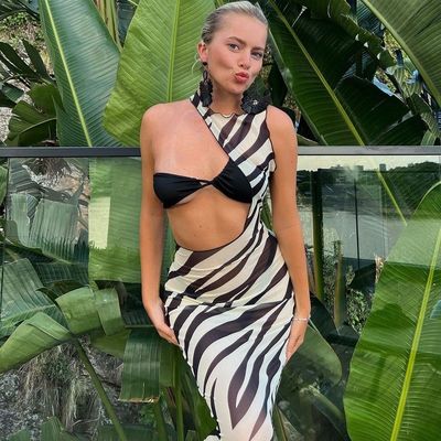 Cool une épaule robe tube sexy gaze sans manches mince voir à travers la robe