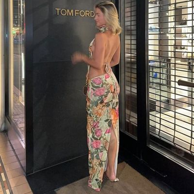 Sexy sans dos sans bretelles haut mince jupe divisée V cou longue longueur