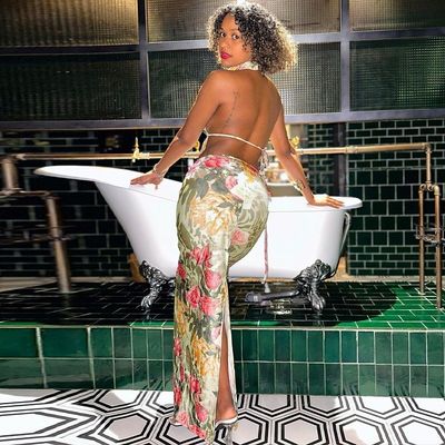 Sexy sans dos sans bretelles haut mince jupe divisée V cou longue longueur