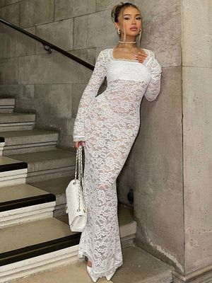 Polyester Package Robe de hanche dentelle couture voir à travers sac à manches longues Collier de hanche carré