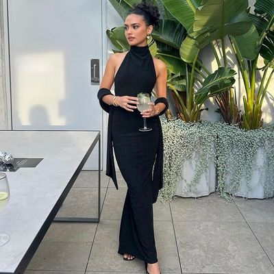 Tempérament de mode nouveau super-héros sexy harnais harnais élancé manches longues robe de soie brillante