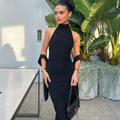 Tempérament de mode nouveau super-héros sexy harnais harnais élancé manches longues robe de soie brillante