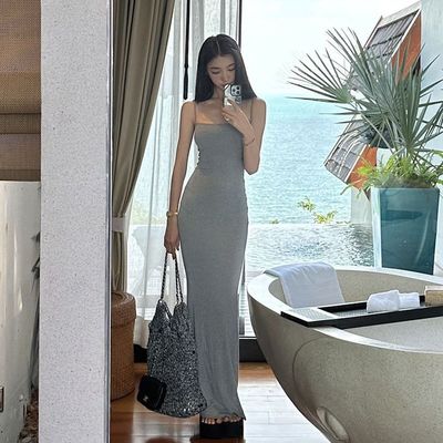 Une seule ligne de collier à collier à collier sexy mode vent pur taille mince taille longue robe
