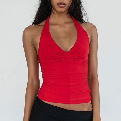L'été, une nouvelle couleur solide, une ceinture à collier en V, un gilet de taille réduite.