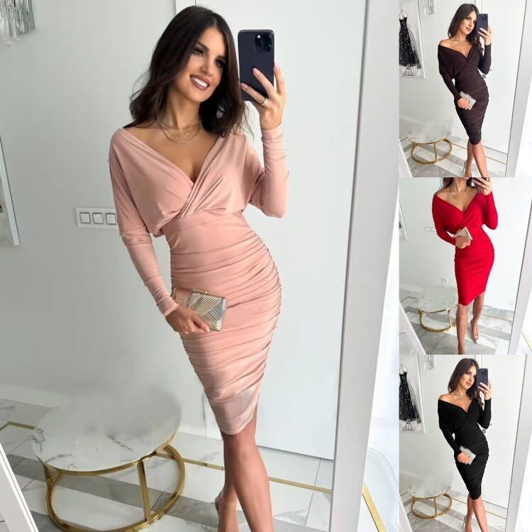 Paquet à la mode Robe à hanche Longue manche V Cou Sexy Taille Robe pliante en forme de hanche
