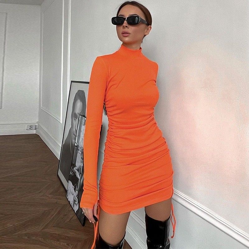 Fashion Slim Side Longue Manche Robes à cordes Couleur solide Sexy Robes plissées