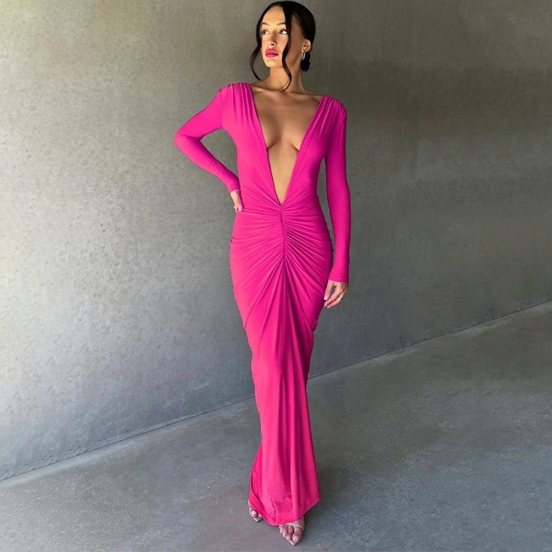 Rose Rouge Dress féminin élégant Mince sexy Gros V Col Robe sans dos Plissés Couleur solide
