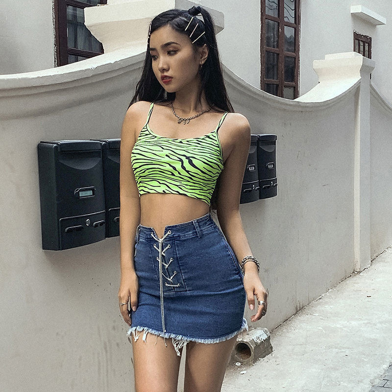 Camisette de mode pour femmes gilet fluorescent vert zèbre imprimé Camisette mince et sexy