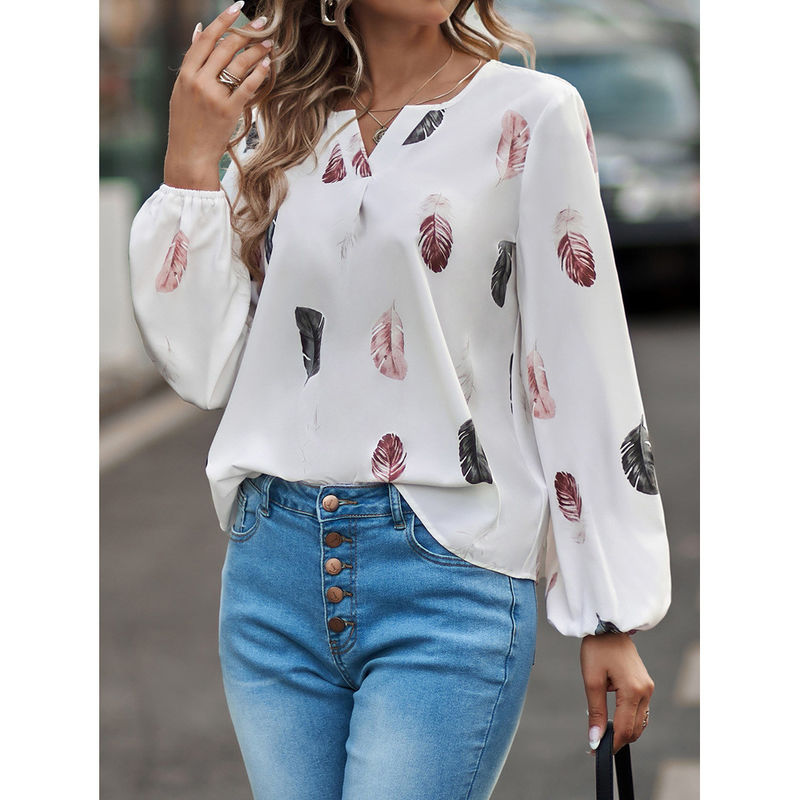 T-shirt en V-Neck en plumes pour femmes, à manches longues, décontracté, dégagé