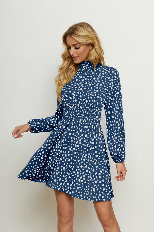 Ronde à col haut imprimé floral habillé mode femmes lanterne manches longues robe florale