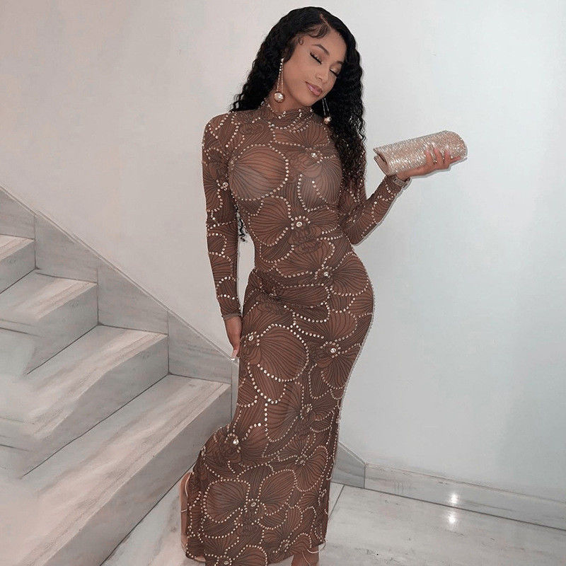 Taille élevée Corps mince Robe formelle Mode Gauze Voir à travers Robe de soirée Slim Fit