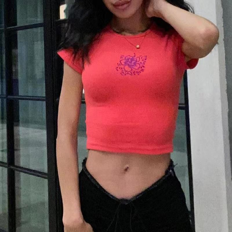 Cou rond T-shirts sexy serrées Couleur solide Sexy Crop Serré ajusté T-shirt à manches courtes