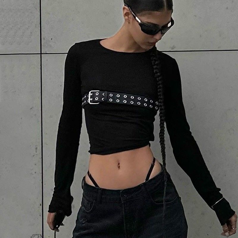 Fashion Spice T-shirts sexy étroits Col rond Slim T-shirt à manches longues motif solide